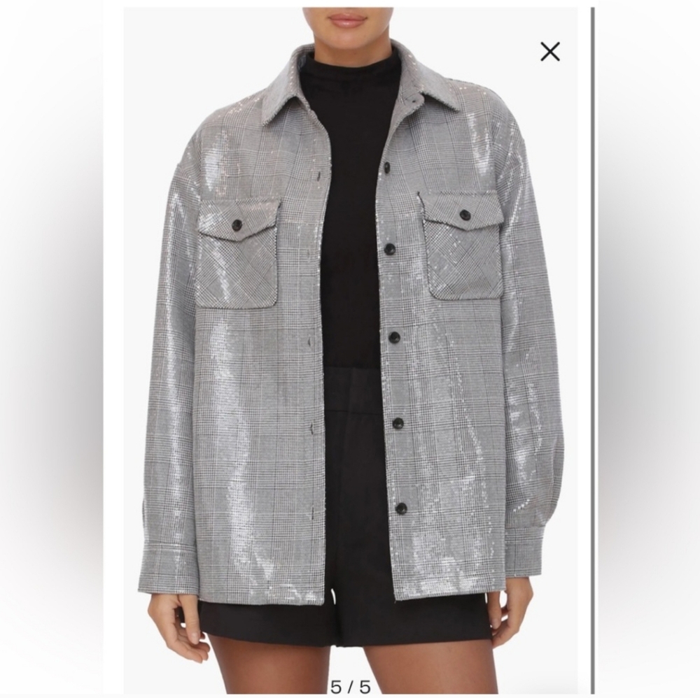 Avec Les Filles Oversize Sequin Plaid Shirt Jacket Gray/White - Picture 4 of 8